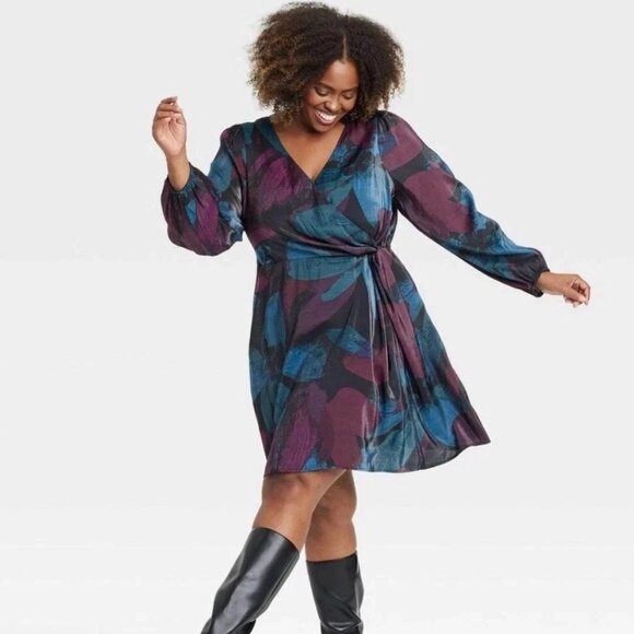 NEW Women's Balloon Long Sleeve Midi Wrap Dress - Ava & Viv™ Black Floral 2X - Picture 1 of 7